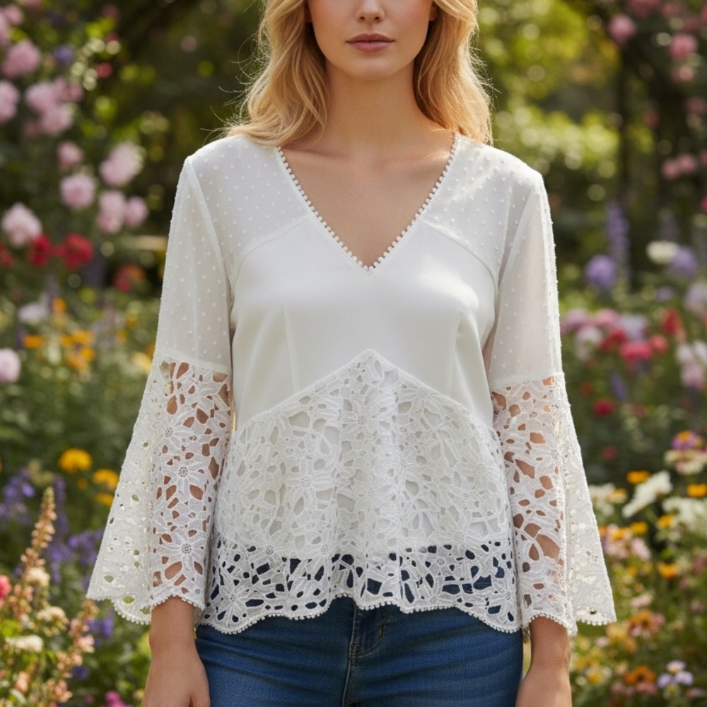 Ina White Lace Blouse with Bell Sleeves